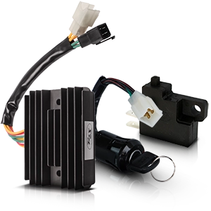 Various electrical motorcycle components such as ignition lock, regulator and cables with plugs.